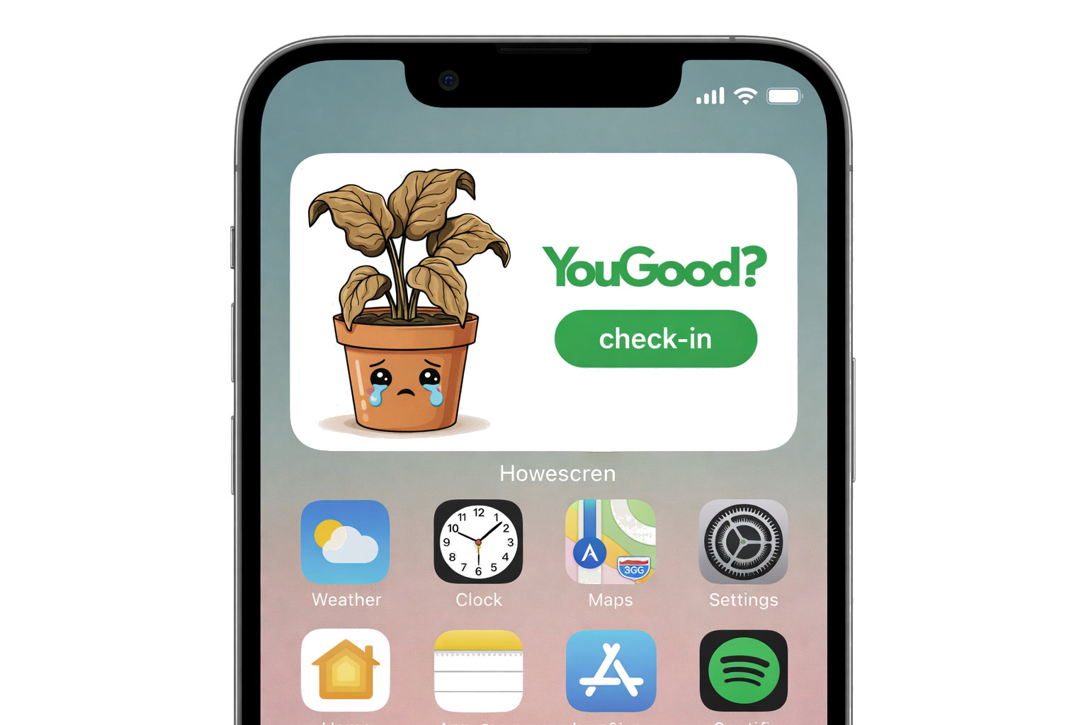 YouGood widget on iPhone home screen for quick check-in